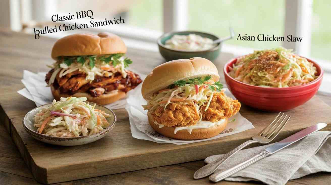 "Feature image showing a variety of chicken and coleslaw recipes including BBQ pulled chicken sandwich, fried chicken sandwich, and vibrant Asian chicken slaw salad."