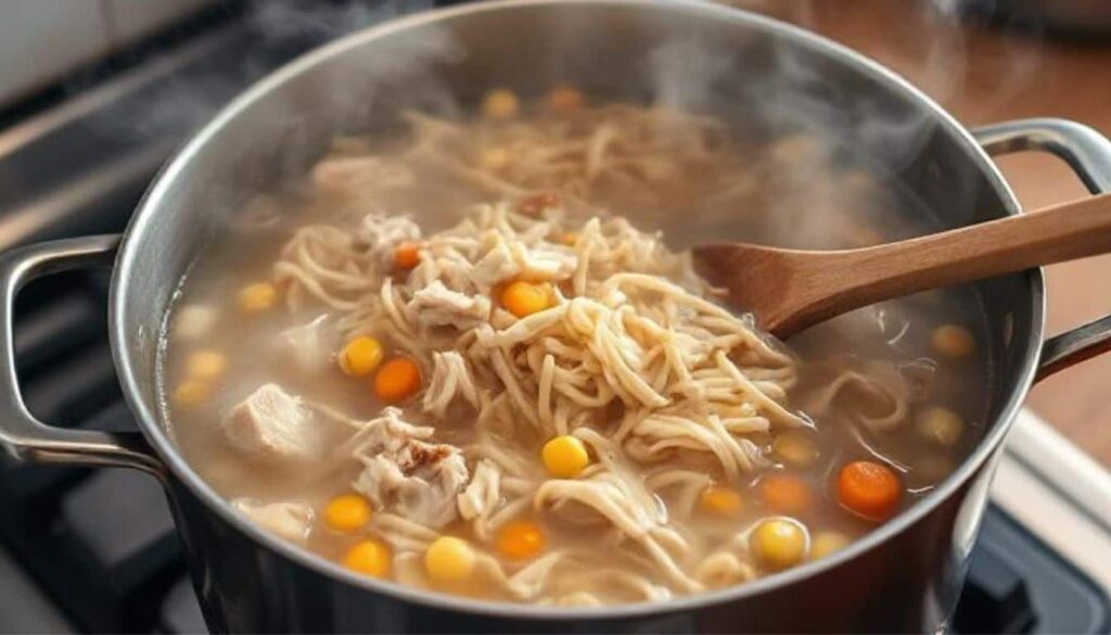 A pot of chicken corn noodle soup simmering with chicken, corn, vegetables, and noodles being stirred with a wooden spoon.