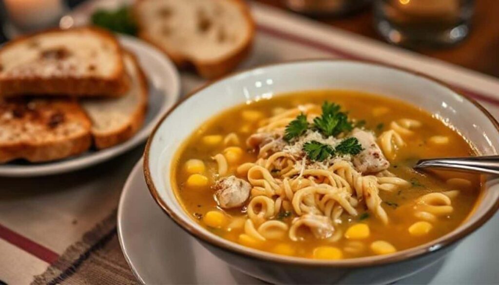 A warm bowl of chicken corn noodle soup served with crusty bread, garnished with parsley and grated parmesan.