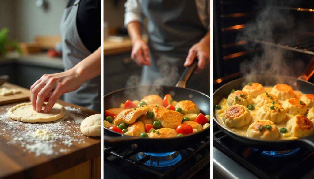 "A step-by-step cooking process of chicken and dumplings casserole, showing a chef kneading dough, sautéing chicken and veggies, and baking in an oven with warm tones."