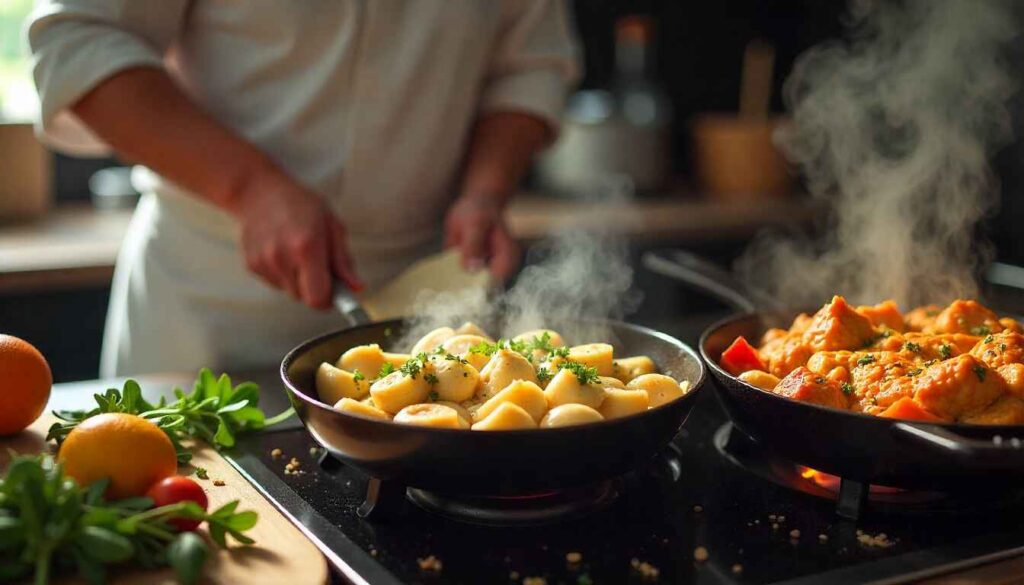 Alt="A step-by-step cooking process of chicken and dumplings casserole, showing a chef kneading dough, sautéing chicken and veggies, and baking in an oven with warm tones."