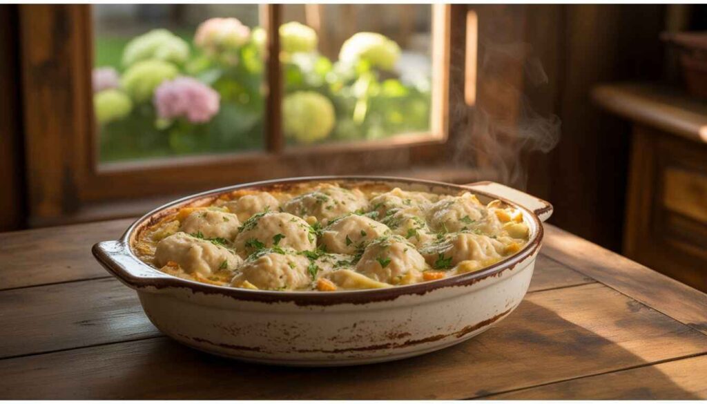 Alt="A warm serving of chicken and dumplings casserole in a white bowl, garnished with parsley, with a spoon, placed on a wooden tray in a cozy dining setting."