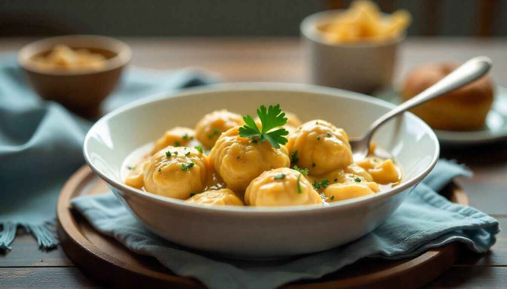 "A warm serving of chicken and dumplings casserole in a white bowl, garnished with parsley, with a spoon, placed on a wooden tray in a cozy dining setting."
