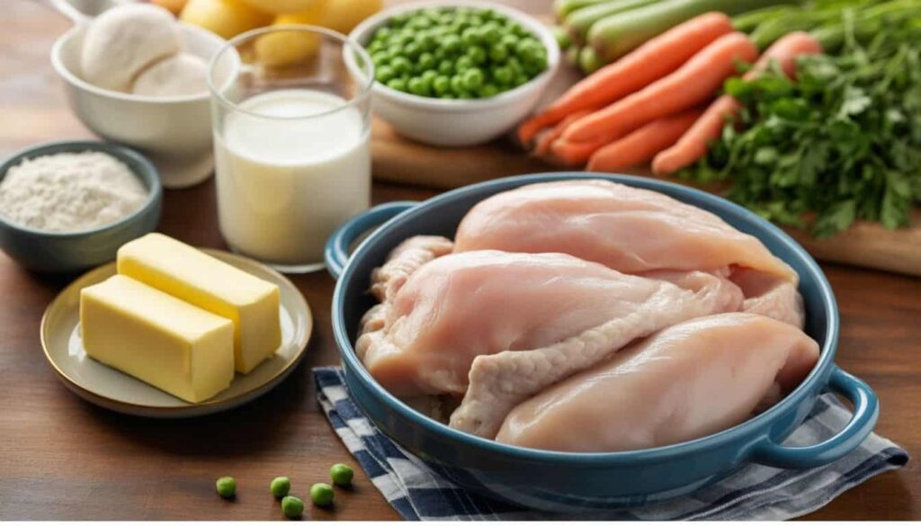 Alt="A close-up of fresh ingredients for chicken and dumplings casserole, including chicken, flour, butter, milk, carrots, peas, and parsley, arranged on a wooden counter."