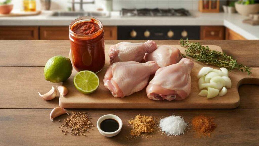 A wooden cutting board with raw chicken drumsticks, a jar of tomato paste, lime halves, garlic cloves, thyme, sliced onions, soy sauce, brown sugar, salt, and spices on a kitchen counter.