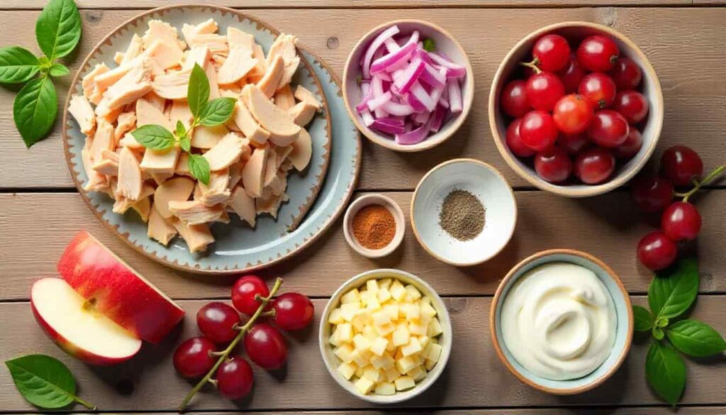 Fresh ingredients for chicken salad without celery including chicken, apples, grapes, onion, and dressing