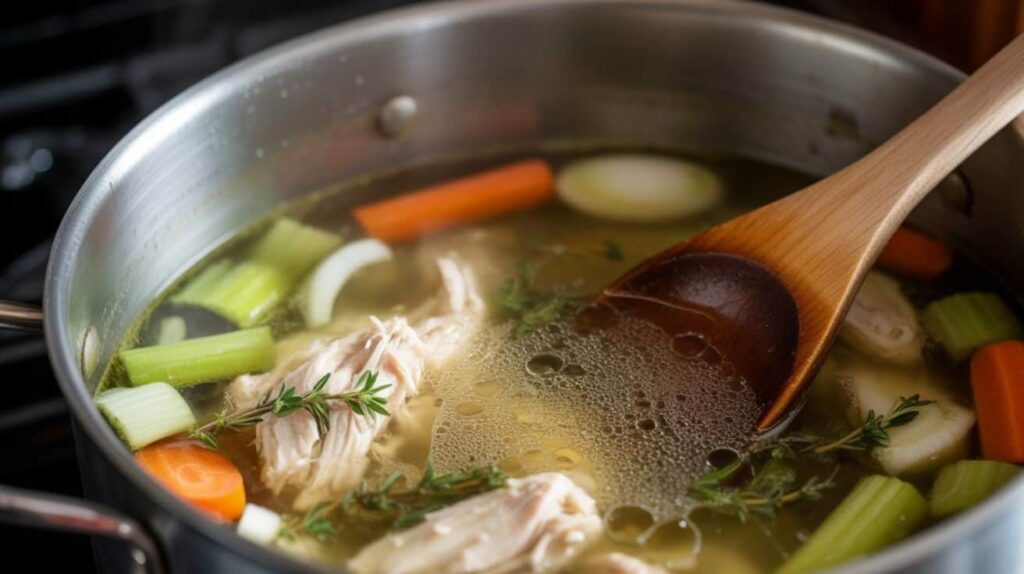 Pot of chicken soup without noodles simmering on the stove with shredded chicken, carrots, celery, onions, and herbs like thyme and parsley, steam rising while being stirred.