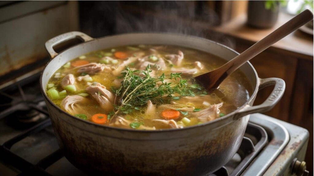 chicken soup without noodles simmering on the stove with shredded chicken, carrots, celery, onions, and herbs like thyme and parsley, steam rising while being stirred.