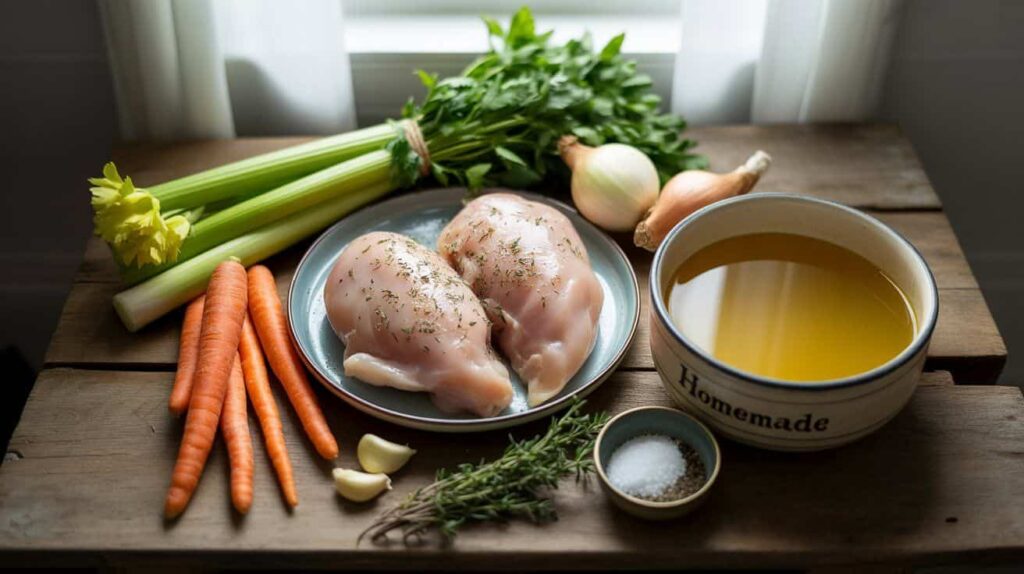 Fresh ingredients for chicken soup recipe no noodles displayed on a rustic table, including raw chicken, carrots, celery, onions, garlic, parsley, thyme, and a bowl of chicken broth.