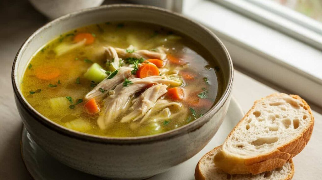 Finished bowl of chicken soup recipe no noodles with golden broth, shredded chicken, carrots, celery, and parsley garnish, served with crusty bread on the side.