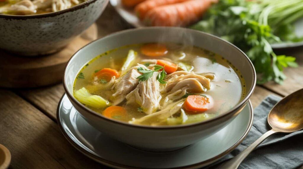 Finished bowl of chicken soup recipe no noodles with golden broth, shredded chicken, carrots, celery, and parsley garnish, served