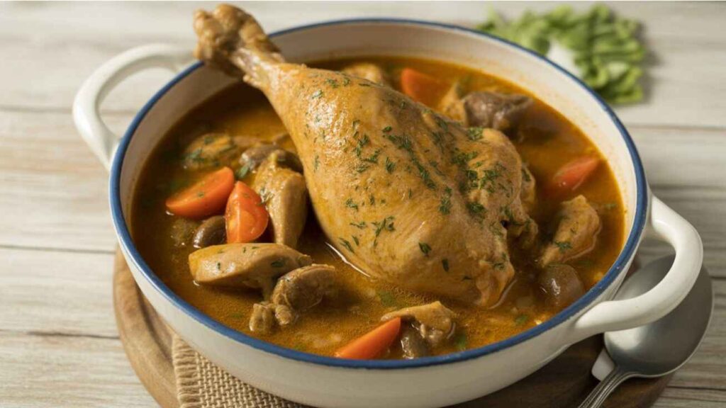 A bowl of hearty chicken stew with carrots and herbs, served with a spoon on a wooden surface.