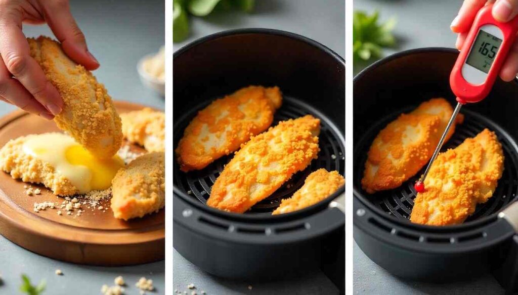 "Step-by-step cooking chicken tenders for salad: breading, air frying, and checking temperature for doneness. cooking for best "