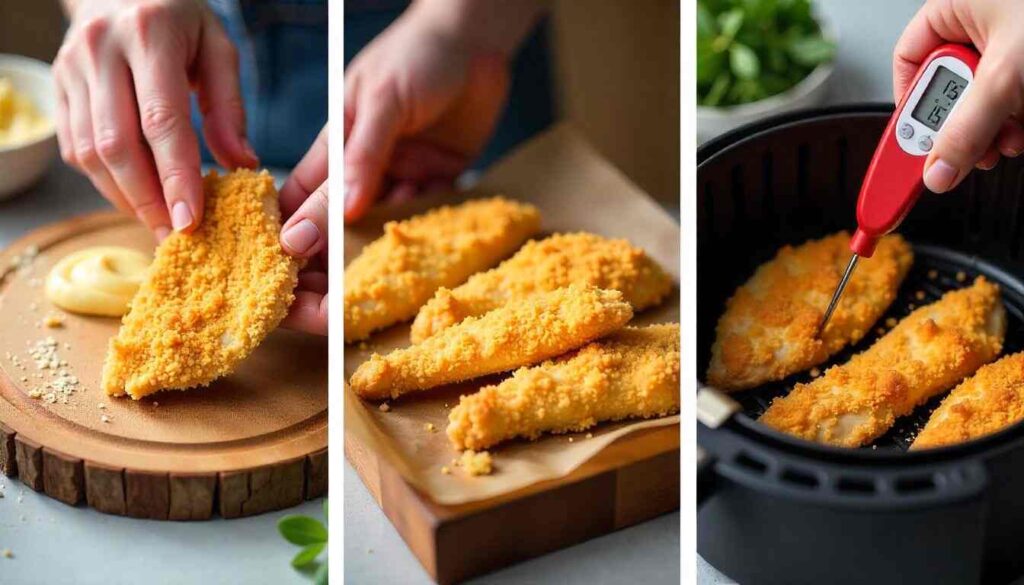 "Step-by-step cooking chicken tenders for salad: breading, air frying, and checking temperature for doneness."