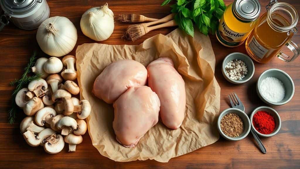 Fresh ingredients for creamy mushroom chicken thighs including chicken, mushrooms, onions, garlic, soup, and spices.