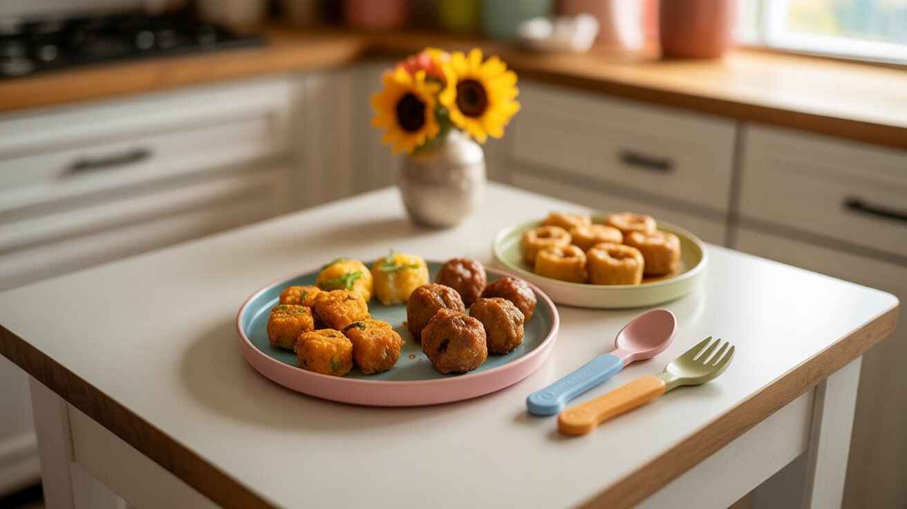 “A colorful plate with three chicken toddler recipes—veggie nuggets, mini meatballs, and honey garlic bites served with toddler utensils.”