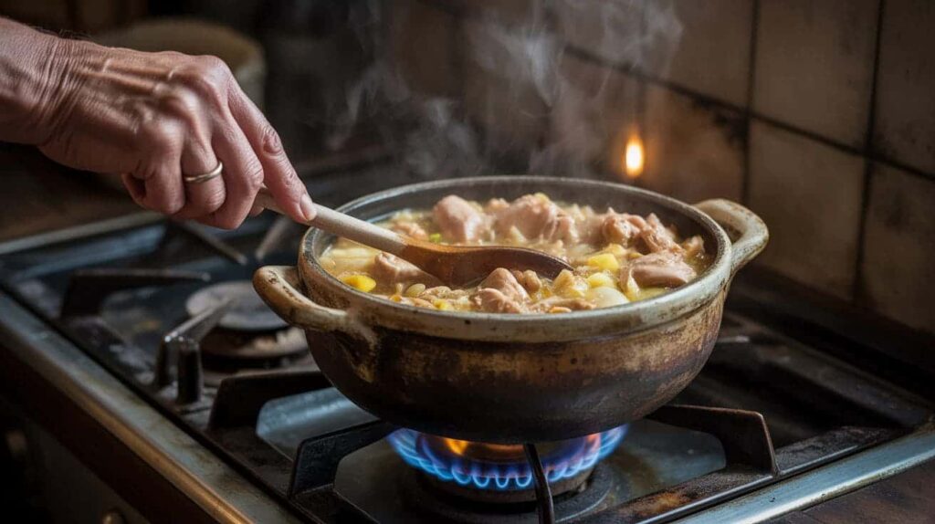 Cooking clay pot chicken with onions, garlic, and spices.