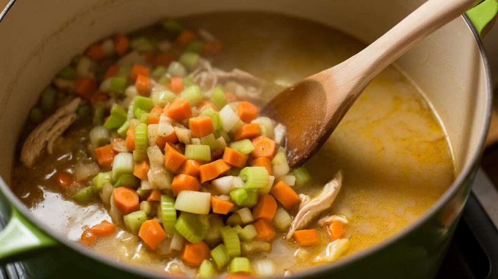 “Carrots, celery, onion, and garlic sautéing in butter inside a Dutch oven as the first step in preparing Progresso chicken and dumplings recipe.”