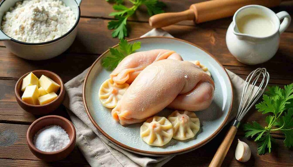 Overhead view of ingredients for Cracker Barrel chicken and dumplings copycat recipe, including raw chicken breast, flour, butter, milk, fresh parsley, and spices on a rustic farmhouse wooden table.