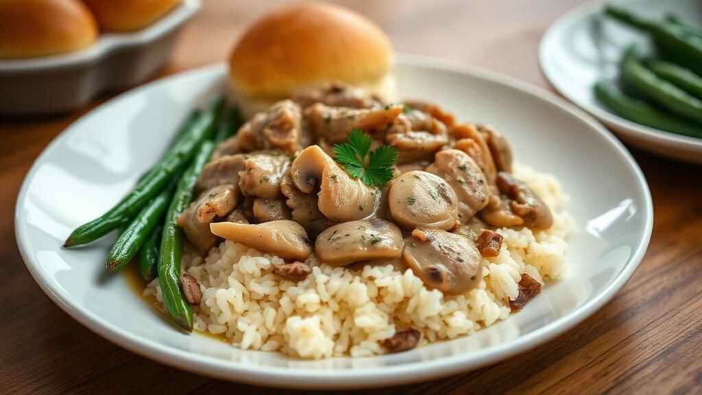 Cream of mushroom chicken from crock pot served over rice with parsley and side vegetables.