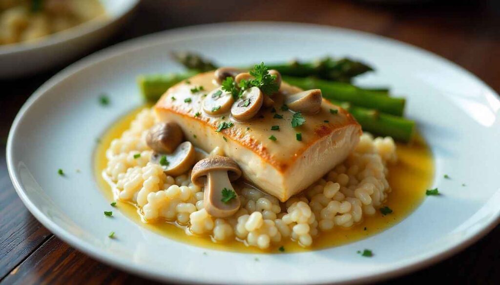 Final serving of Chicken Champagne with creamy champagne mushroom sauce, parsley garnish, risotto, and roasted asparagus on an elegant dinner plate.