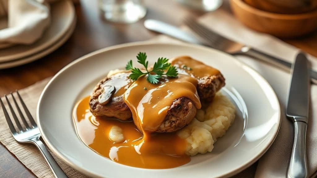 Creamy mushroom chicken thighs  soup recipe served over mashed potatoes with parsley garnish on a dinner plate.