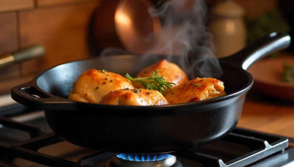 Fluffy dumpling dough dropped into a bubbling chicken stew inside a Dutch oven, lid slightly ajar with steam rising as the dumplings cook to perfection.