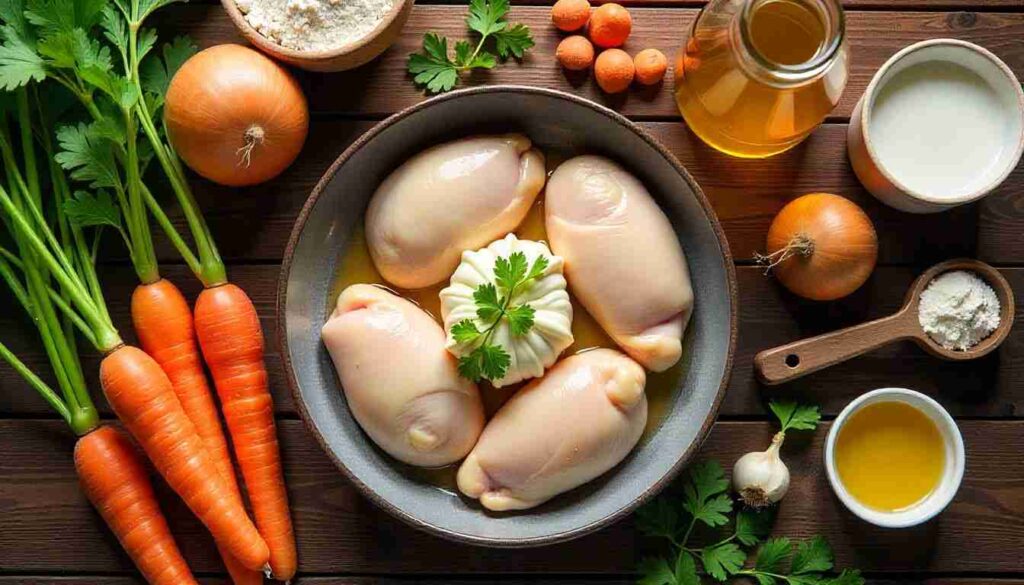 Fresh ingredients for Dutch oven chicken and dumplings recipe, including raw chicken thighs, carrots, celery, onion, garlic, flour, butter, milk, baking powder, parsley, and chicken broth arranged on a rustic wooden kitchen table.