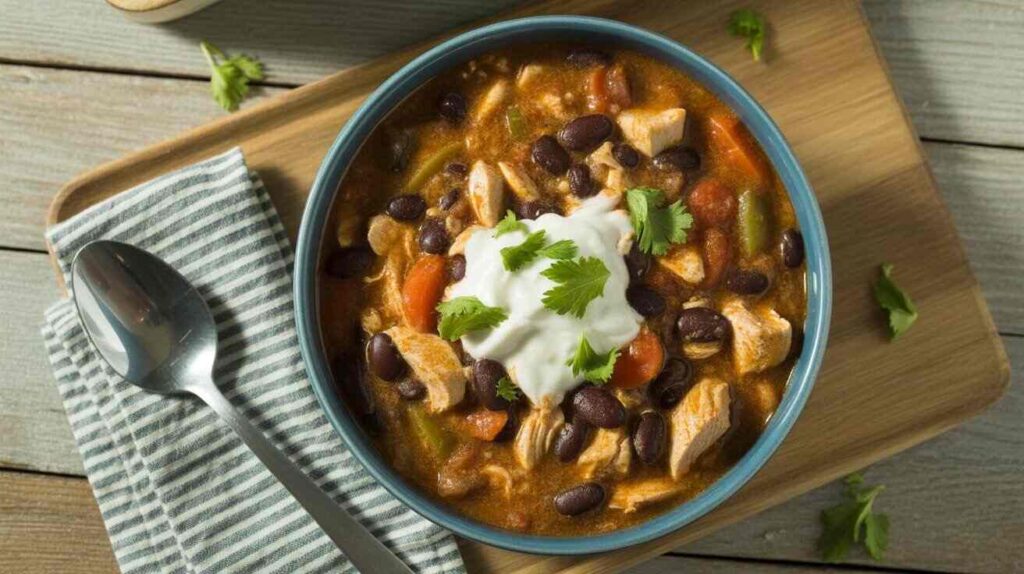 A bowl of easy chicken and black bean chili topped with sour cream and fresh cilantro, served with a spoon on the side.