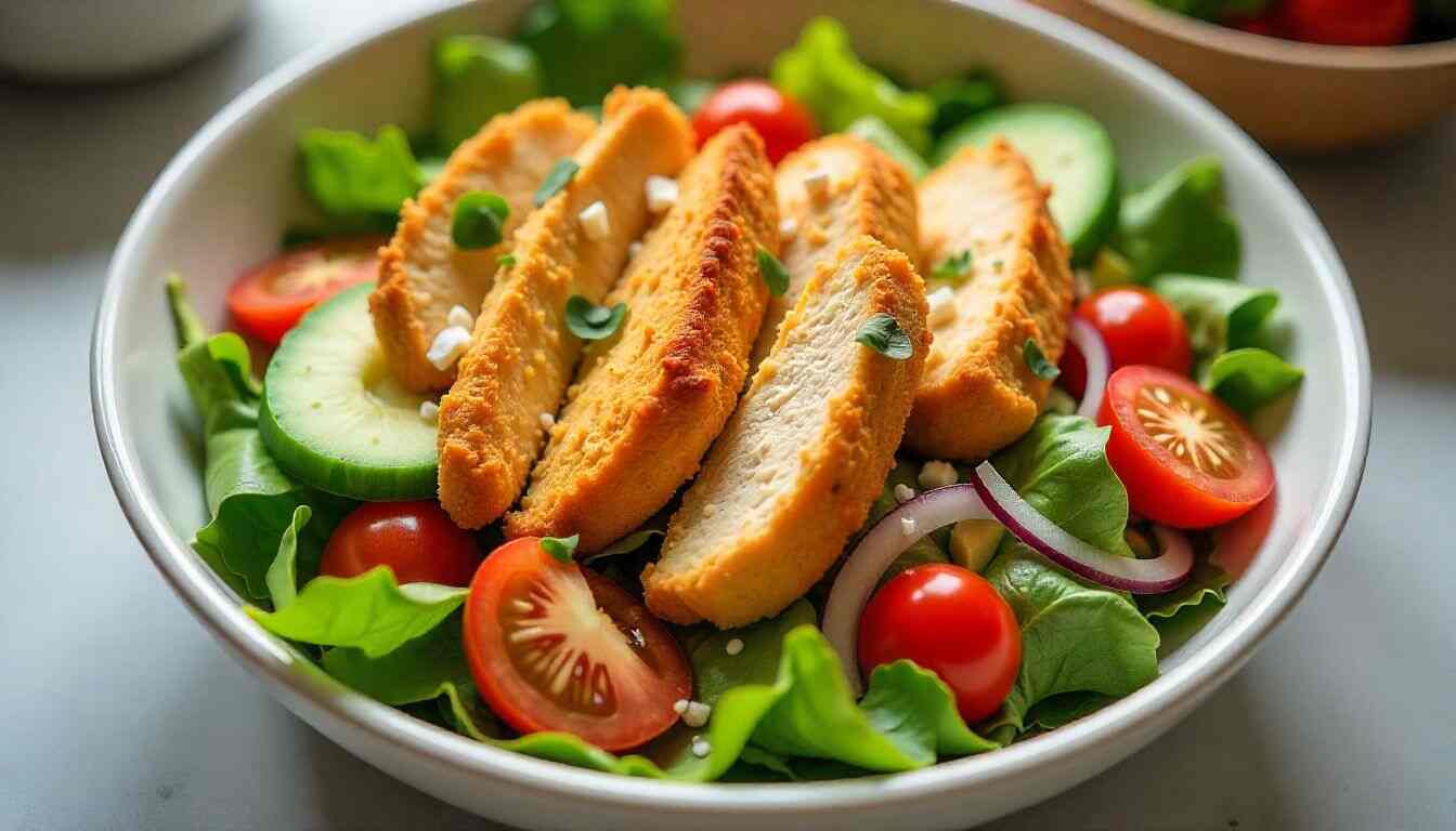 "Fresh chicken tender salad with crispy tenders, greens, tomatoes, cucumber, avocado, and parmesan in a white ceramic bowl."