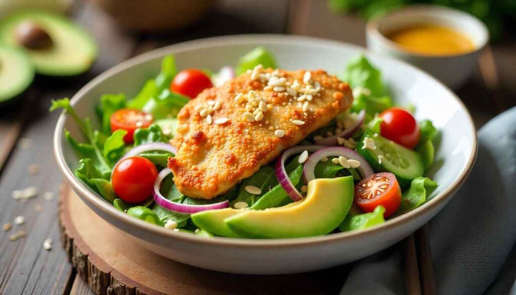 "serving of chicken tender salad with avocado, cucumber, cherry tomatoes, parmesan, and honey mustard dressing."