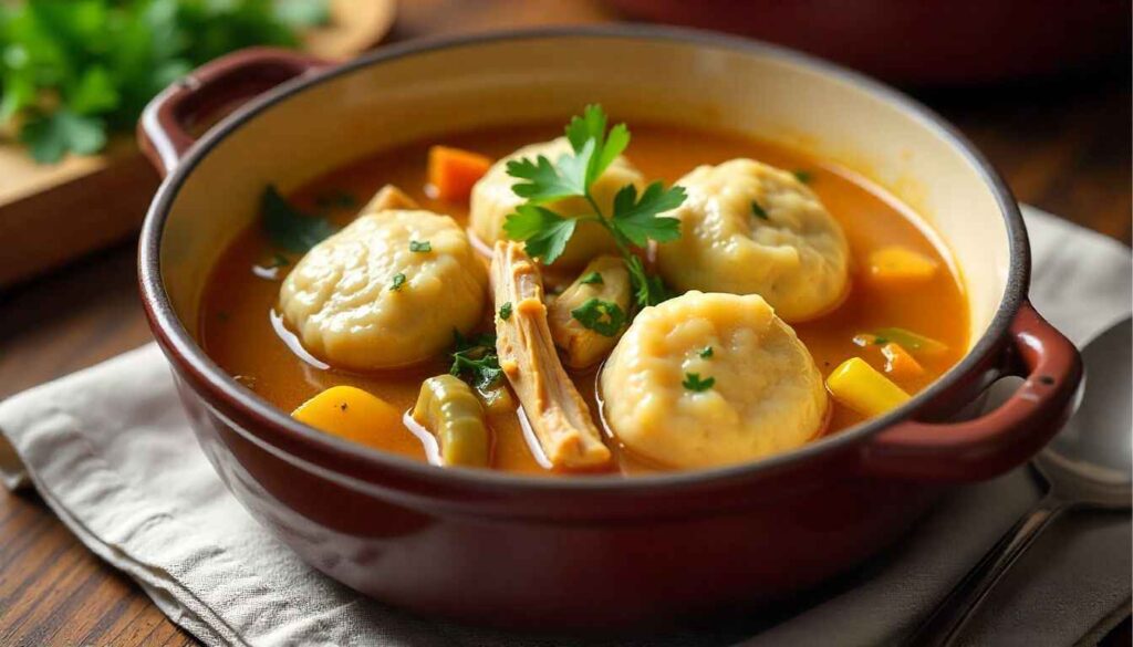 A rustic ceramic bowl filled with Dutch oven chicken and dumplings, featuring tender shredded chicken, carrots, celery, and fluffy dumplings in golden broth, topped with fresh parsley.