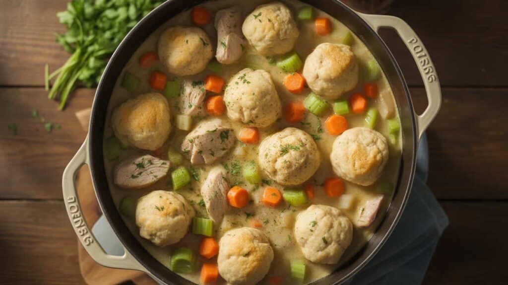“Dutch oven filled with completed Progresso chicken and dumplings, showing fluffy biscuit dumplings in creamy broth with chicken, vegetables, and parsley garnish.”