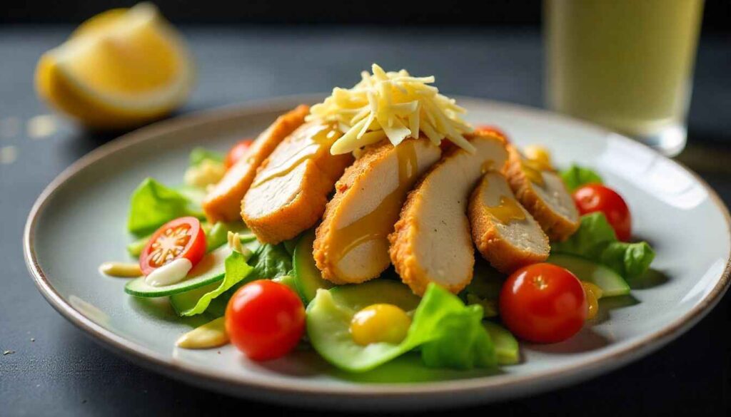 "Final serving of chicken tender salad with avocado, cucumber, cherry tomatoes, parmesan, and honey mustard dressing."
