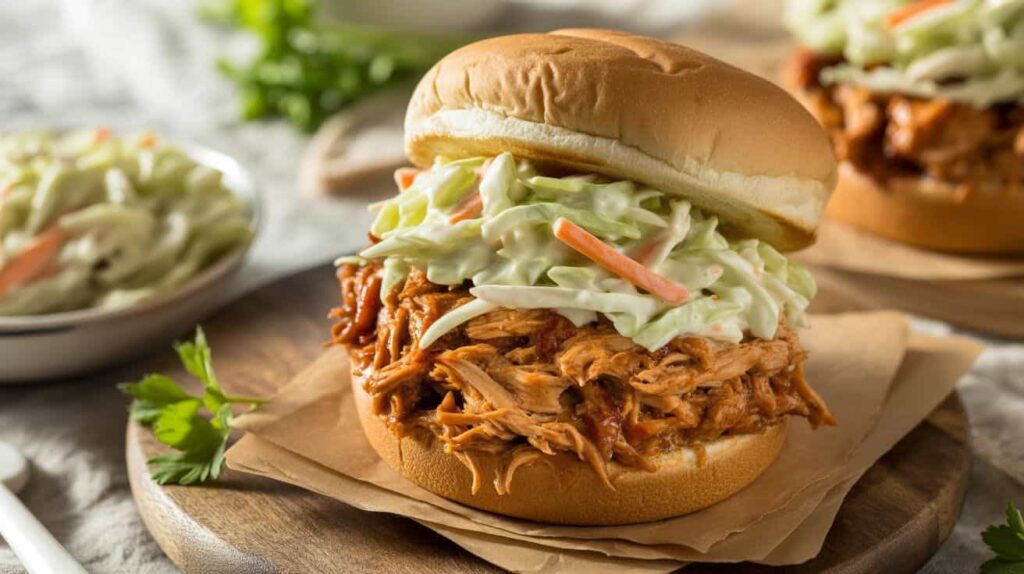 "Fried chicken sandwich topped with tangy coleslaw on a toasted bun, served with extra coleslaw on the side."