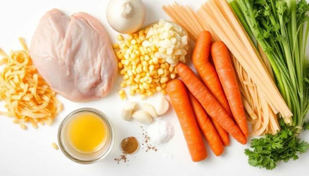 Flat lay of raw chicken, corn, egg noodles, onion, garlic, carrots, celery, broth, and seasonings arranged on a white counter