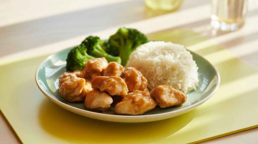 “Honey garlic chicken bites served with rice and broccoli, soft and toddler-friendly meal.”