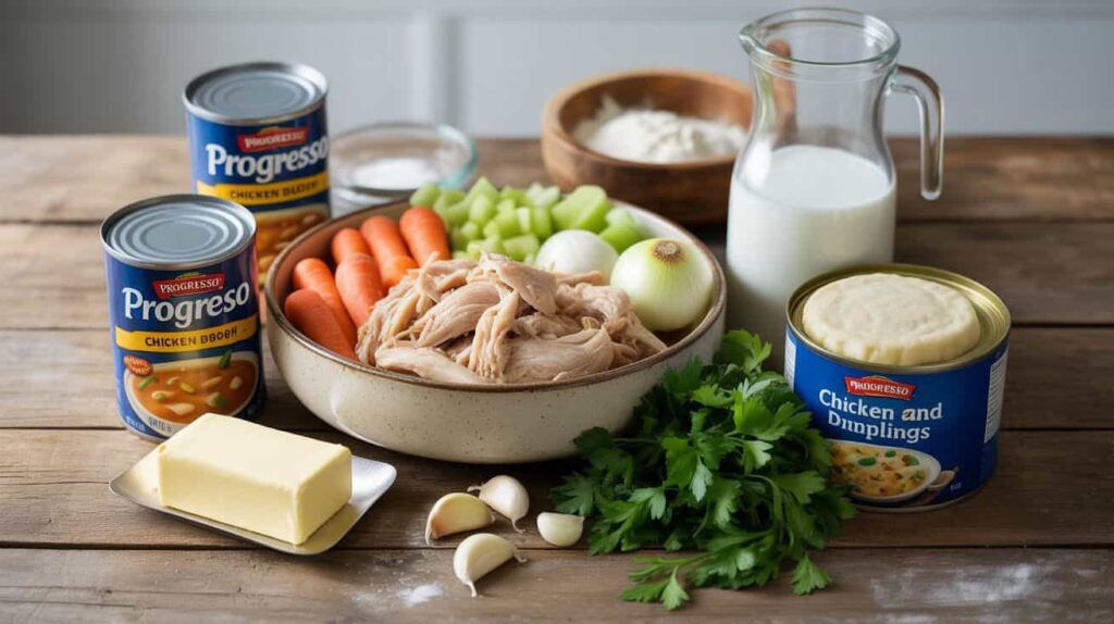“Overhead photo of fresh ingredients for Progresso chicken and dumplings recipe including Progresso chicken broth cans, shredded chicken, carrots, celery, onion, garlic, butter, flour, milk, refrigerated biscuit dough, and parsley arranged neatly on a wooden table.”