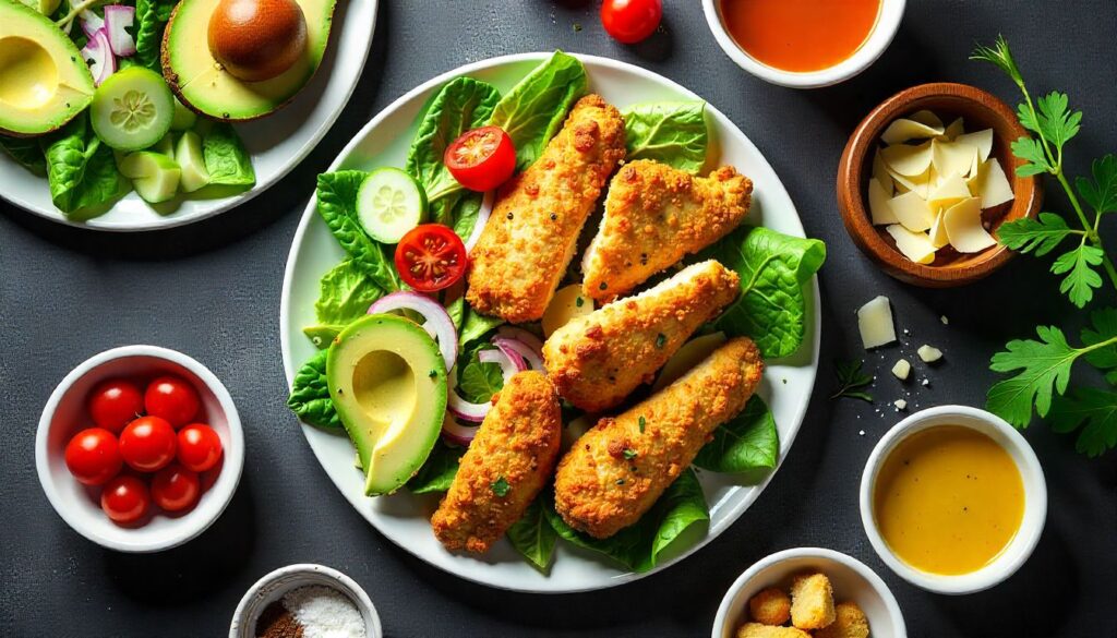 "Fresh ingredients for chicken tender salad including crispy tenders, lettuce, kale, cherry tomatoes, cucumber, avocado, parmesan, and dressing bowls."