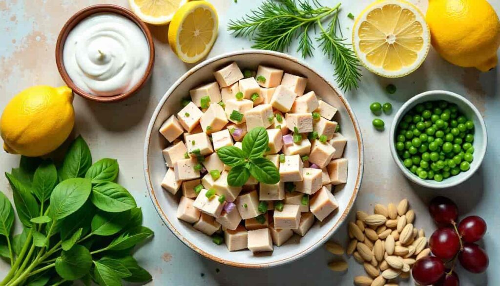 op-down flat lay of diced chicken, Greek yogurt, lemon, fresh herbs, celery, red onion, slivered almonds, grapes, and avocado neatly arranged on a white counter as ingredients for lemony chicken salad.