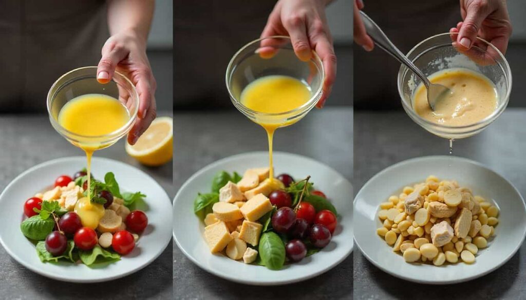 Step-by-step collage showing the process of making lemony chicken salad—mixing Greek yogurt and lemon dressing, folding in chicken and vegetables, adding almonds and grapes, then chilling the salad