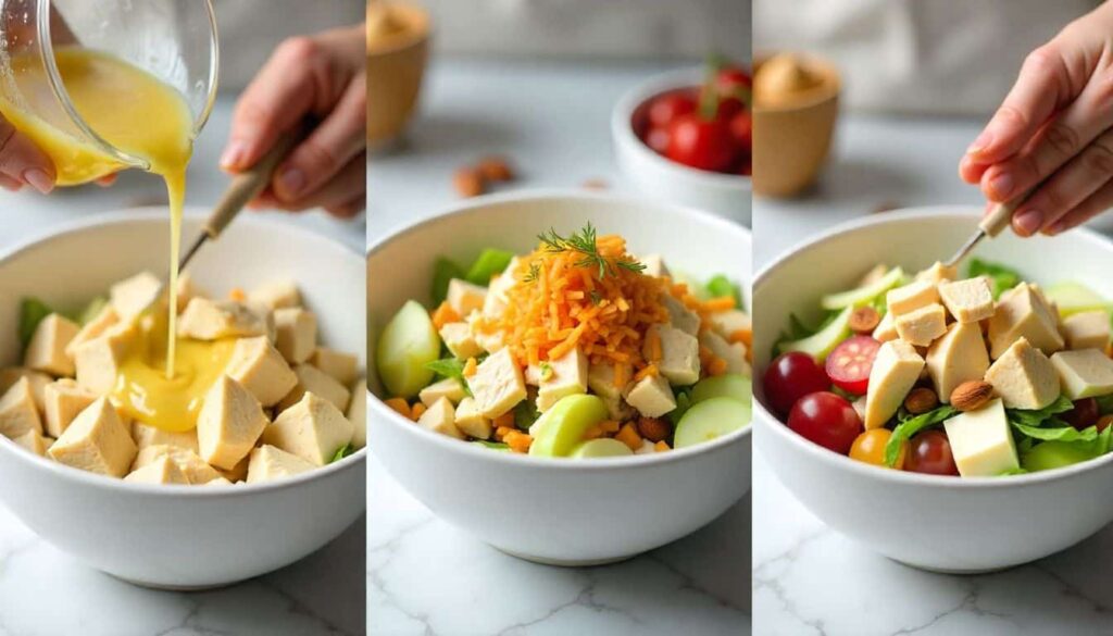 Step-by-step collage showing the process of making lemony chicken salad—mixing Greek yogurt and lemon dressing, folding in chicken and vegetables, adding almonds and grapes, then chilling the salad in the fridge.