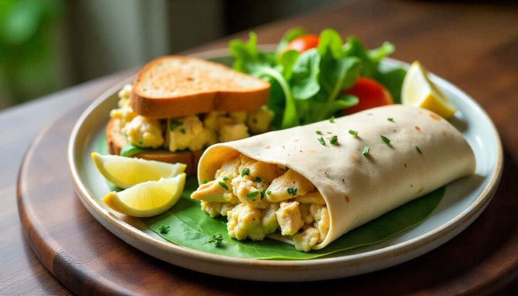 A serving platter displaying lemony chicken salad three ways: in a whole-grain sandwich, rolled in a tortilla wrap, and on a bed of leafy greens, all garnished with lemon wedges and fresh herbs.
