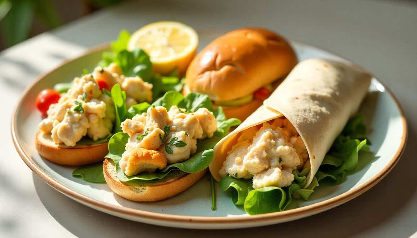 A vibrant bowl of lemony chicken salad garnished with lemon slices, fresh dill, and slivered almonds on a rustic wooden table, showing creamy Greek yogurt-coated chicken pieces in bright natural light.