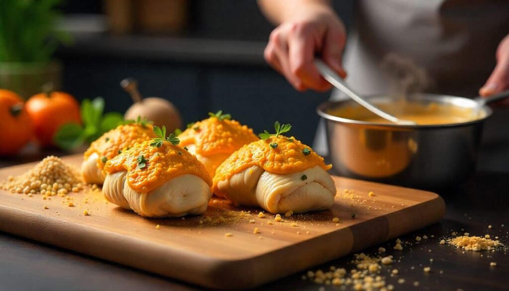 Boneless chicken breasts being stuffed with creamy crab imperial mixture on a wooden board.