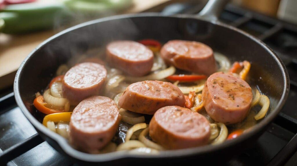 meal-prep-andouille-chicken-sausage Sliced Andouille chicken sausage browning in a cast-iron skillet with onions and peppers.