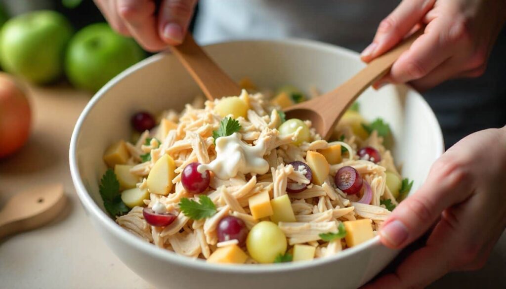 Hands mixing chicken salad without celery ingredients in a white bowl