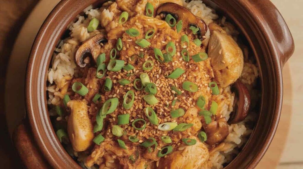 Asian clay pot chicken rice with mushrooms and soy sauce.