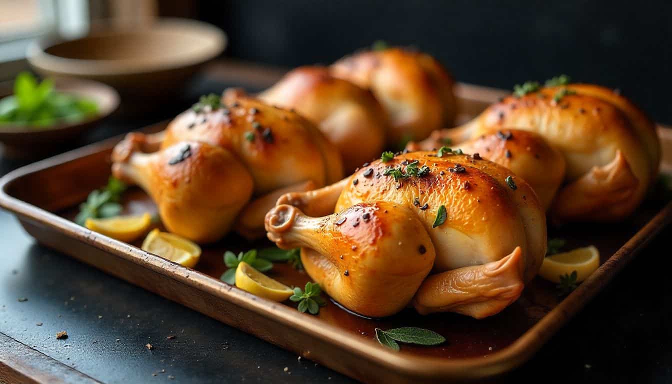 "Roasted chicken backs with herbs and garlic on a baking tray."