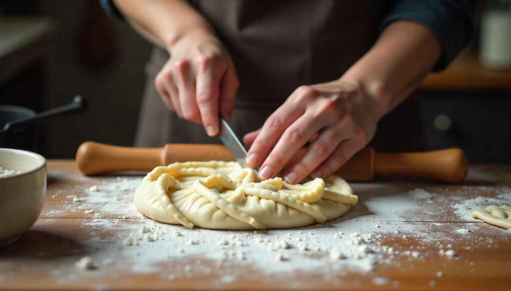 Close-up of hands rolling out soft dumpling dough on a floured surface with a rustic rolling pin, preparing for homemade Cracker Barrel chicken and dumplings for cooking